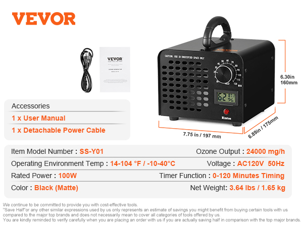 VEVOR ozone generator ss-y01, 24000 mg/h, ac120v, 100w, black matte, 0-120 mins timer, detachable power cable.