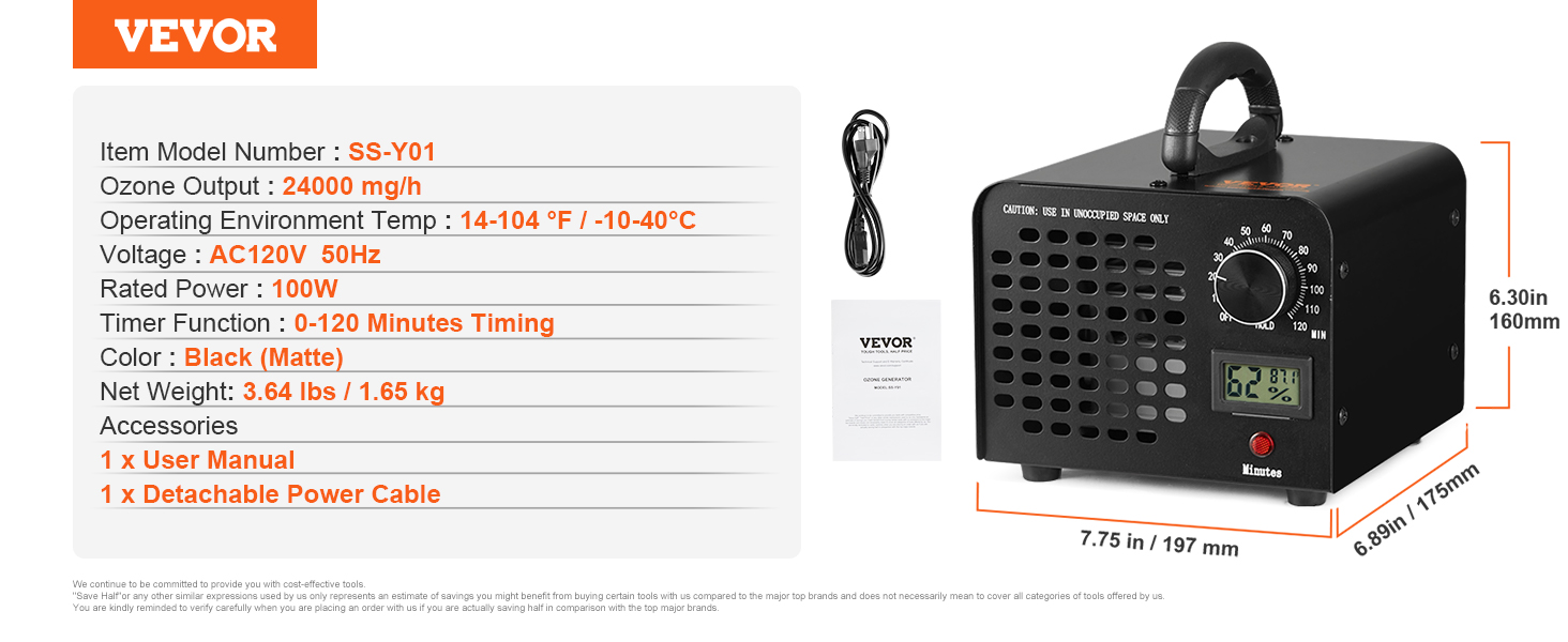 VEVOR ozone generator ss-y01, 24000 mg/h, ac120v, 100w, black matte, 0-120 mins timer, detachable power cable.