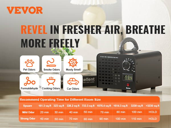 VEVOR ozone generator targeting pet, smoke, musty odors, formaldehyde, cooking, and car odors.