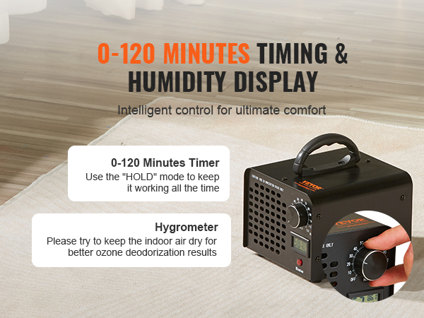 VEVOR ozone generator, 0-120 min timer, humidity display, black unit on beige carpet.