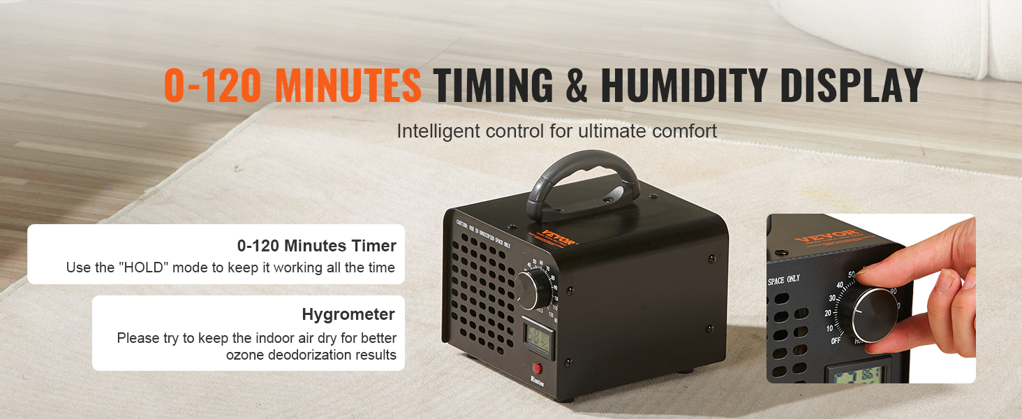 VEVOR ozone generator, 0-120 min timer, humidity display, black unit on beige carpet.