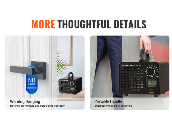 VEVOR ozone generator with warning hangtag and portable handle for easy mobility and safe operation.