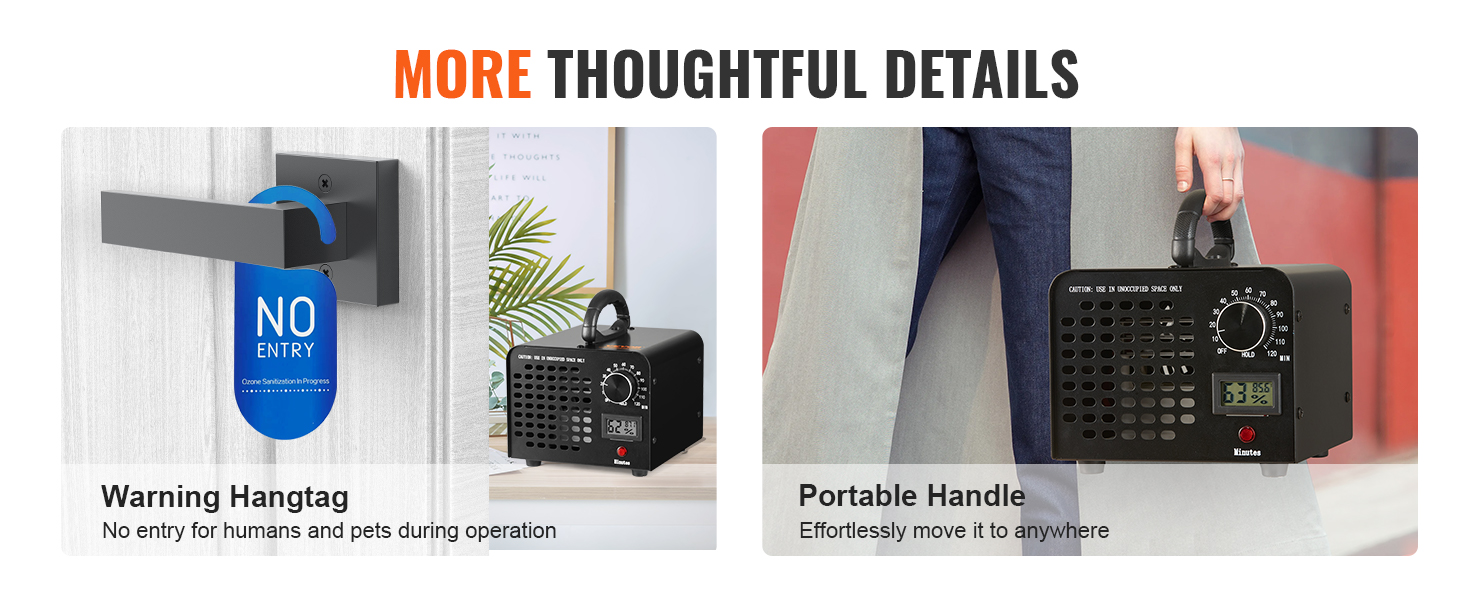 VEVOR ozone generator with warning hangtag and portable handle for easy mobility and safe operation.