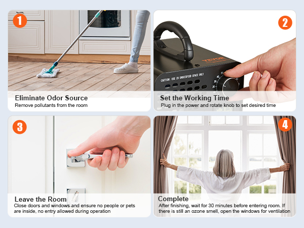 steps to use VEVOR ozone generator: clean room, set time, leave room, ventilate after use.