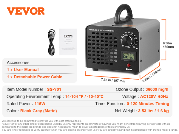 VEVOR ozone generator ss-y01, 36000 mg/h output, 0-120 min timer, black gray, detachable power cable.