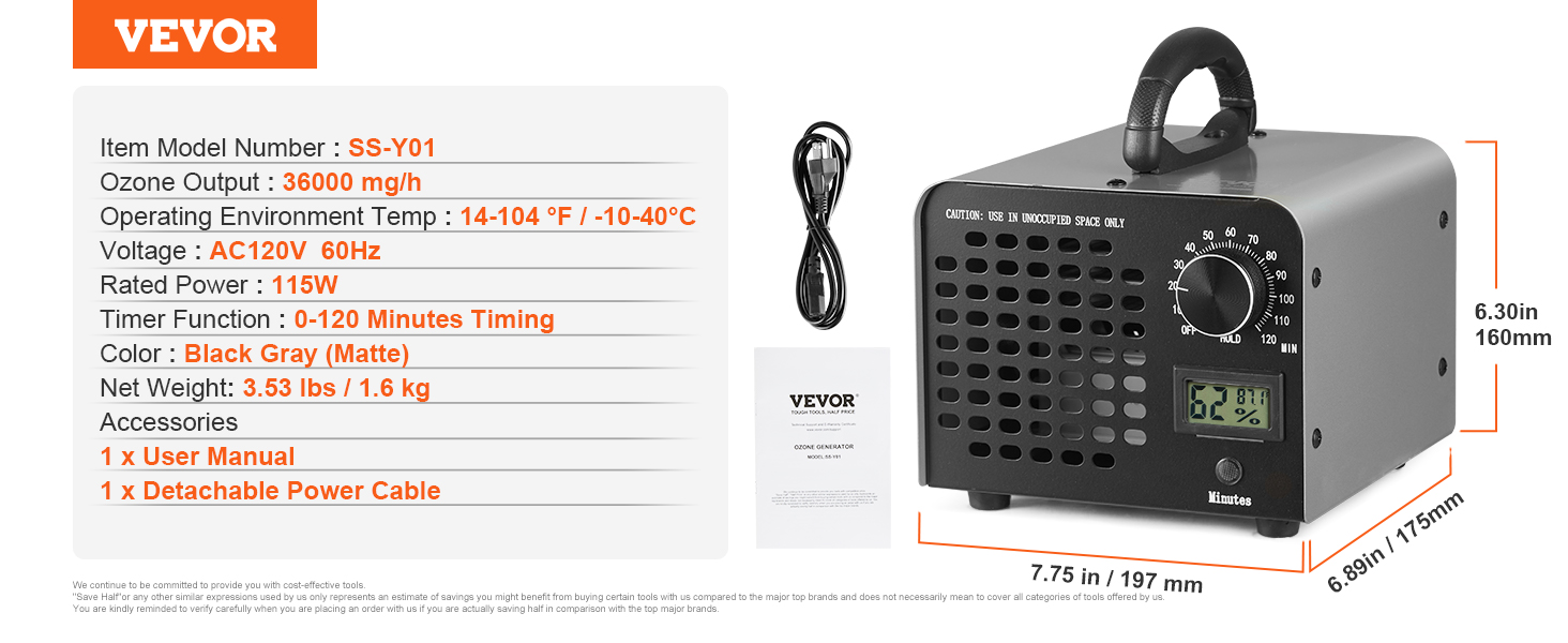 VEVOR ozone generator ss-y01, 36000 mg/h output, 0-120 min timer, black gray, detachable power cable.