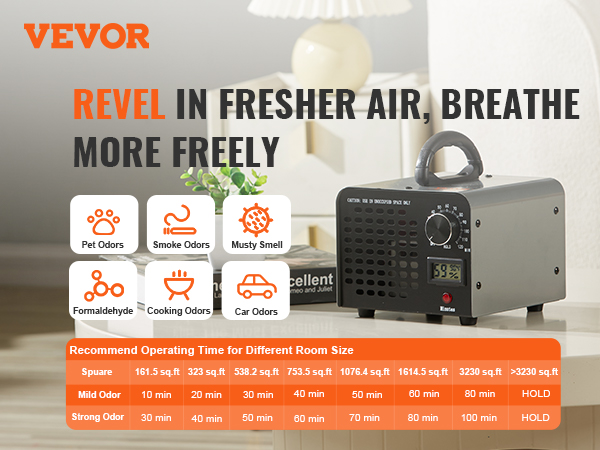 VEVOR ozone generator with operating times, ideal for eliminating pet, smoke, and cooking odors.