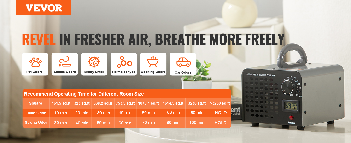 VEVOR ozone generator with operating times, ideal for eliminating pet, smoke, and cooking odors.