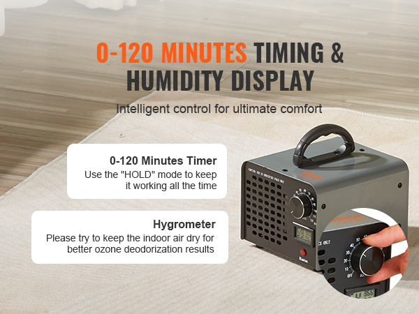 VEVOR ozone generator with 0-120 minute timer and humidity display for optimized air control.