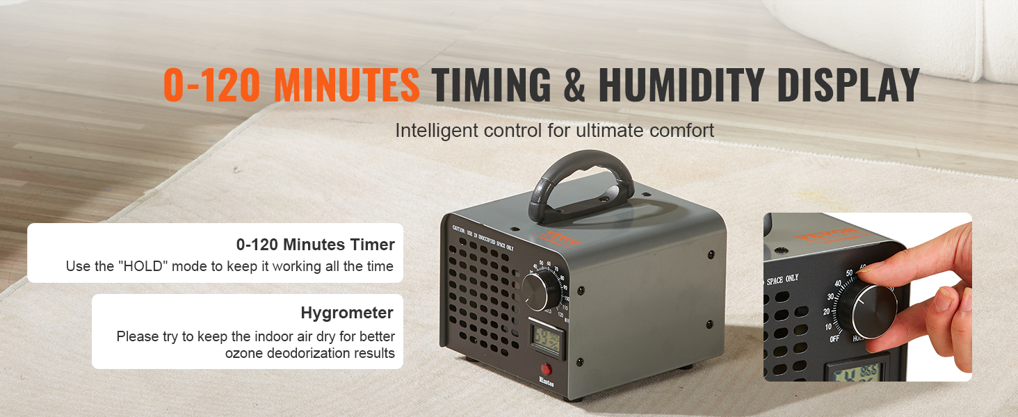 VEVOR ozone generator with 0-120 minute timer and humidity display for optimized air control.