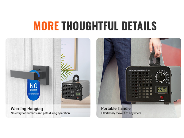 warning hangtag for no entry during VEVOR ozone generator operation and portable handle for easy transport.
