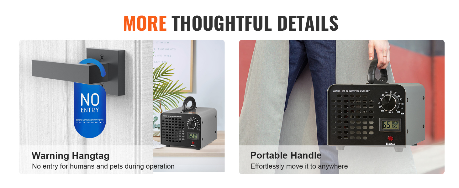 warning hangtag for no entry during VEVOR ozone generator operation and portable handle for easy transport.