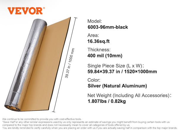 VEVOR sound deadening mat, silver, 16.36 sq.ft. area, 400 mil thickness, 59.84x39.37 in size.