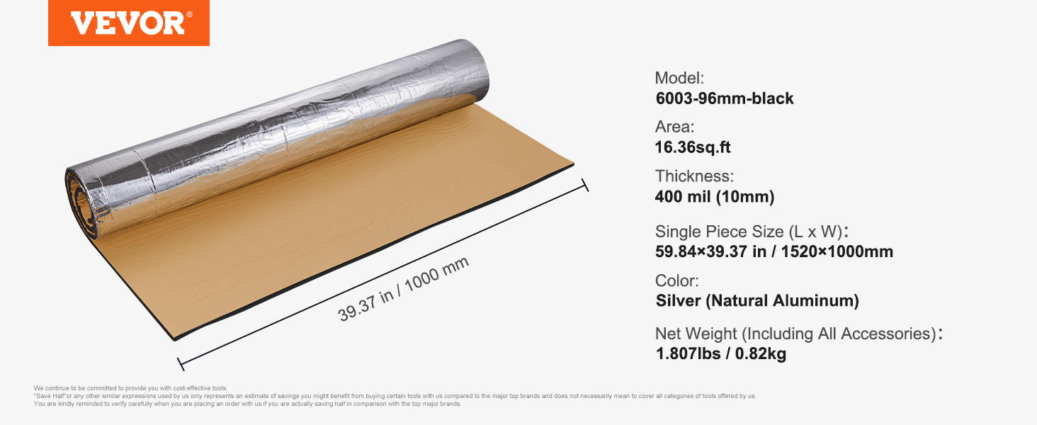 VEVOR sound deadening mat, silver, 16.36 sq.ft. area, 400 mil thickness, 59.84x39.37 in size.