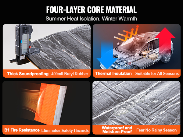 four-layer VEVOR sound deadening mat: thick soundproofing, thermal insulation, b1 fire resistance, waterproof.