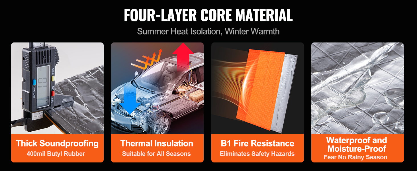 four-layer VEVOR sound deadening mat: thick soundproofing, thermal insulation, b1 fire resistance, waterproof.