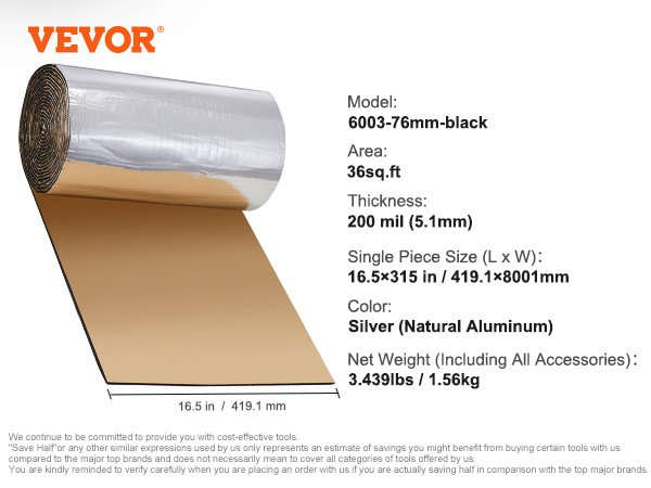VEVOR car sound deadening mat, silver, 36 sq.ft, 200 mil thickness, single piece size 16.5x315 in.