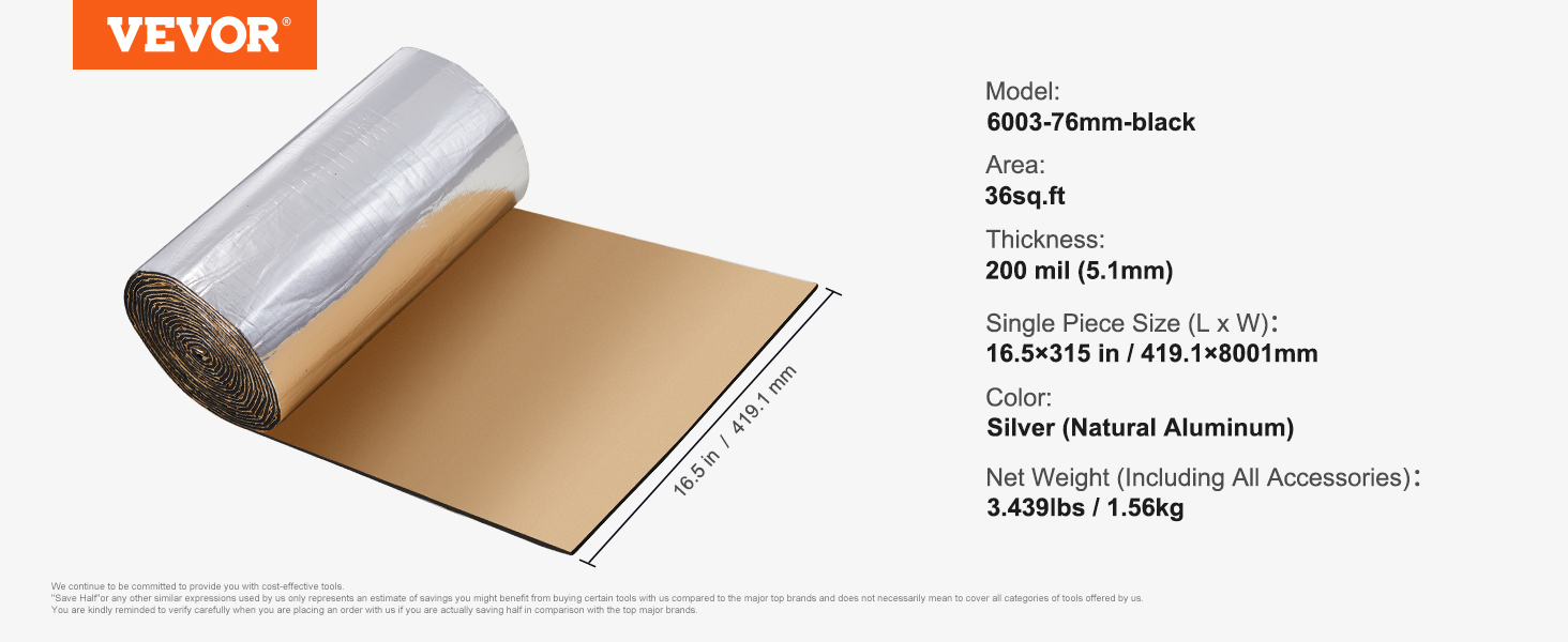 VEVOR car sound deadening mat, silver, 36 sq.ft, 200 mil thickness, single piece size 16.5x315 in.