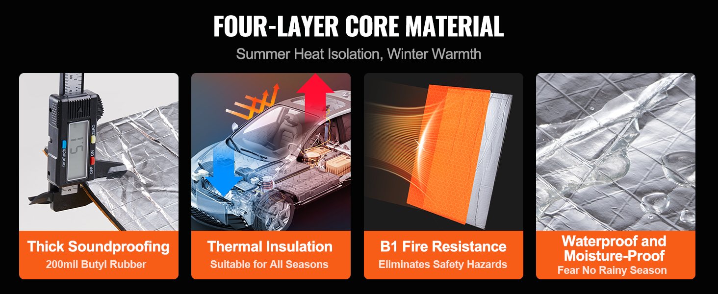 VEVOR car sound deadening mat: thick soundproofing, thermal insulation, fire resistance, waterproof.