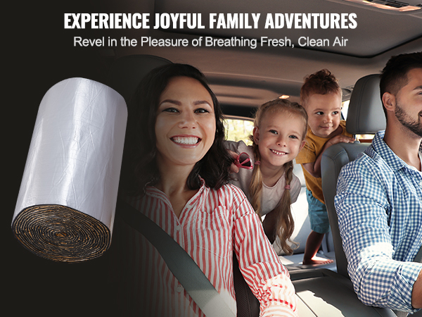 family enjoying a quiet car ride thanks to VEVOR car sound deadening mat with a rolled-up mat image.
