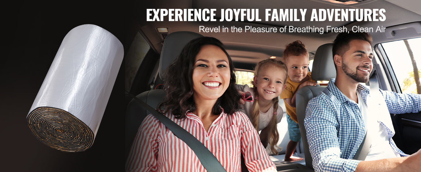 family enjoying a quiet car ride thanks to VEVOR car sound deadening mat with a rolled-up mat image.