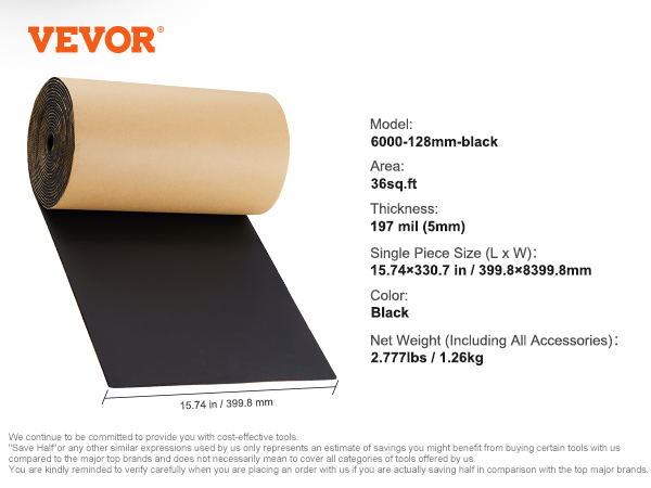VEVOR car sound deadening mat roll, 36 sq.ft, black, 197 mil thick, model 6000-128mm-black.