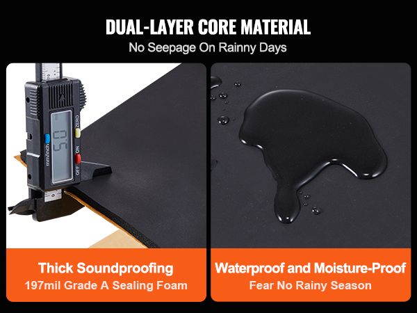 VEVOR car sound deadening mat with 197mil thickness, waterproof and moisture-proof, no seepage.