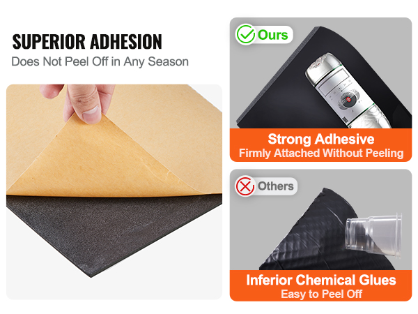 superior adhesion of VEVOR car sound deadening mat vs. others with inferior chemical glues.