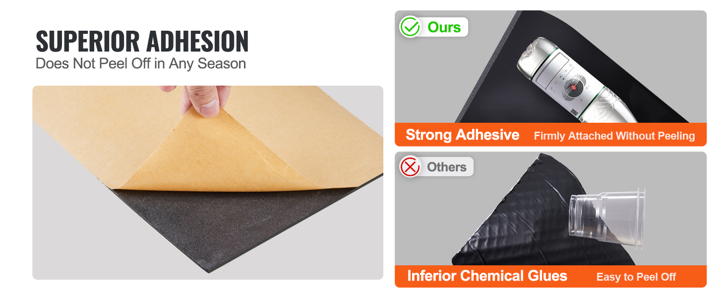 superior adhesion of VEVOR car sound deadening mat vs. others with inferior chemical glues.