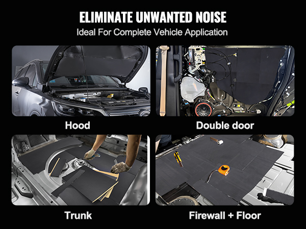 VEVOR car sound deadening mat applied to hood, double door, trunk, and firewall + floor for noise reduction.
