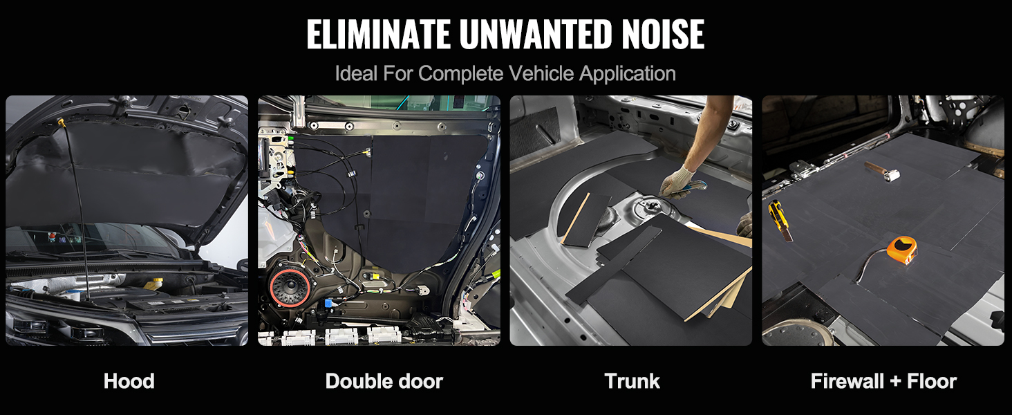 VEVOR car sound deadening mat applied to hood, double door, trunk, and firewall + floor for noise reduction.