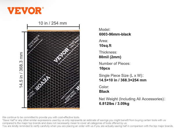VEVOR car sound deadening mat measuring 14.5 x 10 inches, 80 mil thickness, black, 10 pieces in pack.