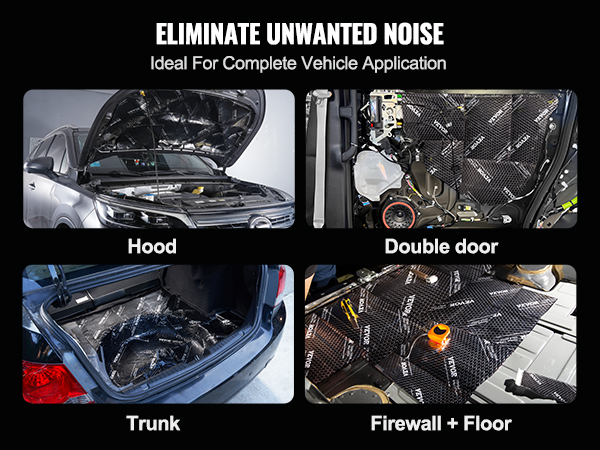 VEVOR car sound deadening mat on hood, double door, trunk, and firewall + floor for noise elimination.