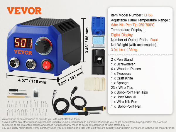 VEVOR wood burning kit with temperature display, wire-nib pen, accessories, and detailed product specs.