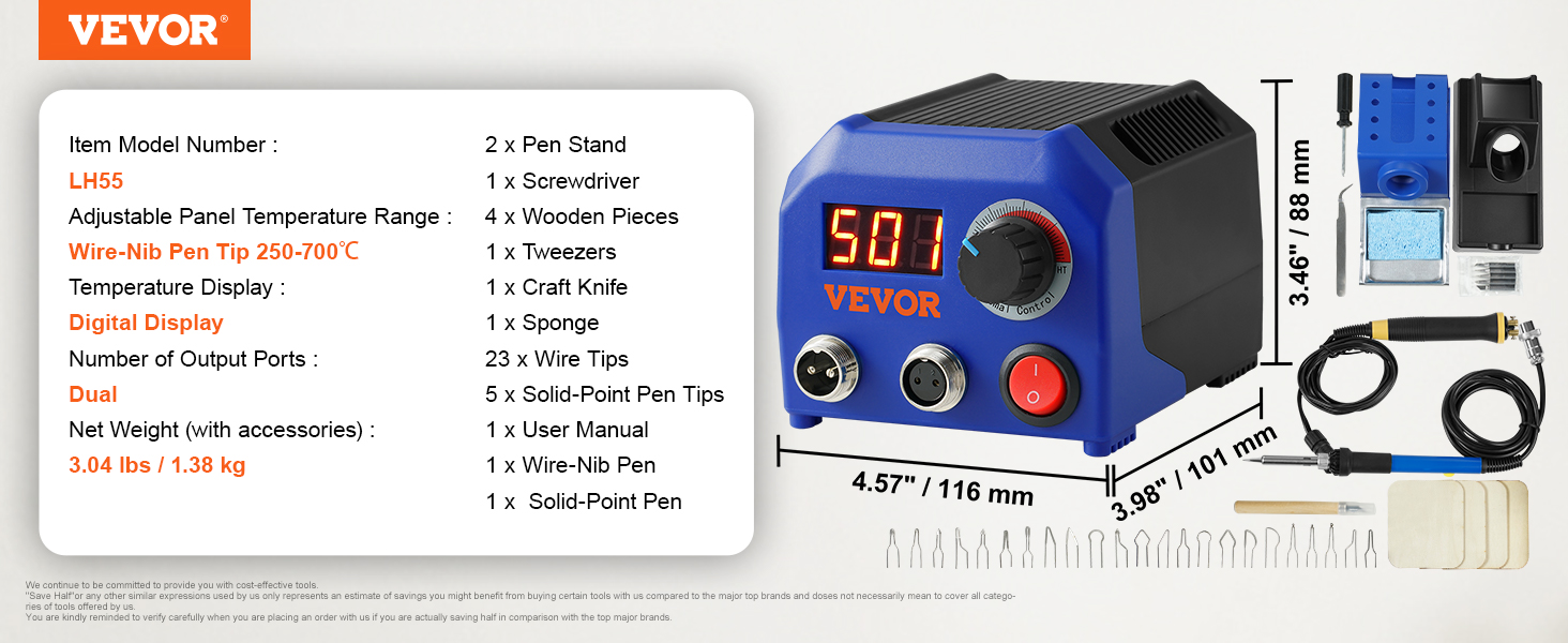 VEVOR wood burning kit with temperature display, wire-nib pen, accessories, and detailed product specs.