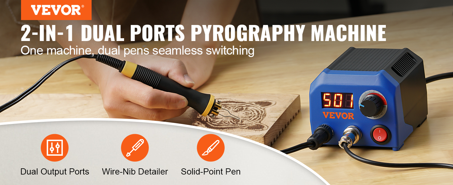VEVOR wood burning kit: 2-in-1 dual ports pyrography machine with digital display and dual pens.