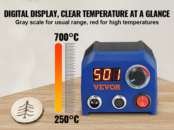 digital display of VEVOR wood burning kit with temperature range 250°c to 700°c and wooden tree etching.