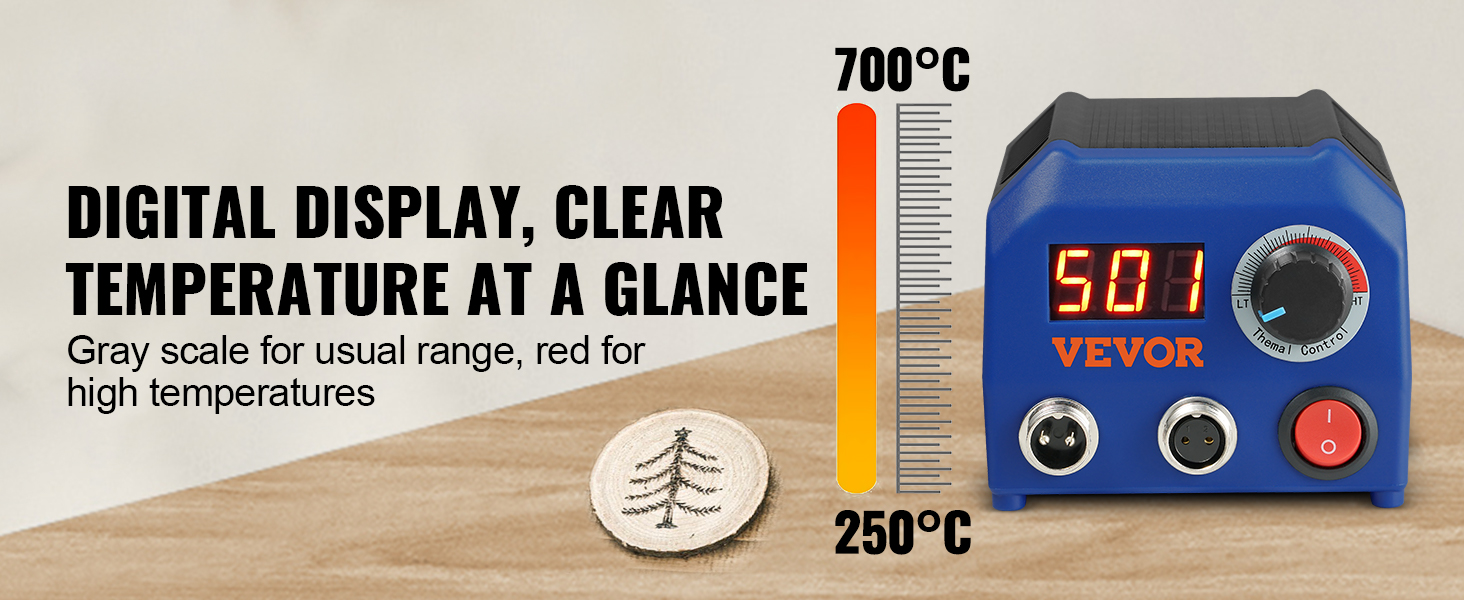 digital display of VEVOR wood burning kit with temperature range 250°c to 700°c and wooden tree etching.