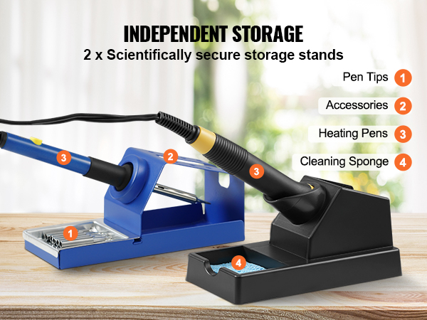 VEVOR wood burning kit with two storage stands, pen tips, accessories, heating pens, and cleaning sponge.