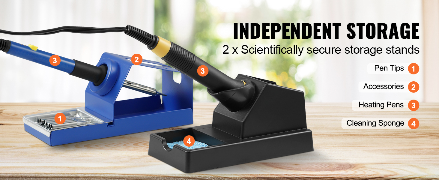 VEVOR wood burning kit with two storage stands, pen tips, accessories, heating pens, and cleaning sponge.