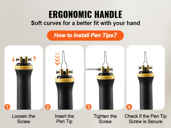 VEVOR wood burning kit ergonomic handle and pen tip installation steps for better hand fit.