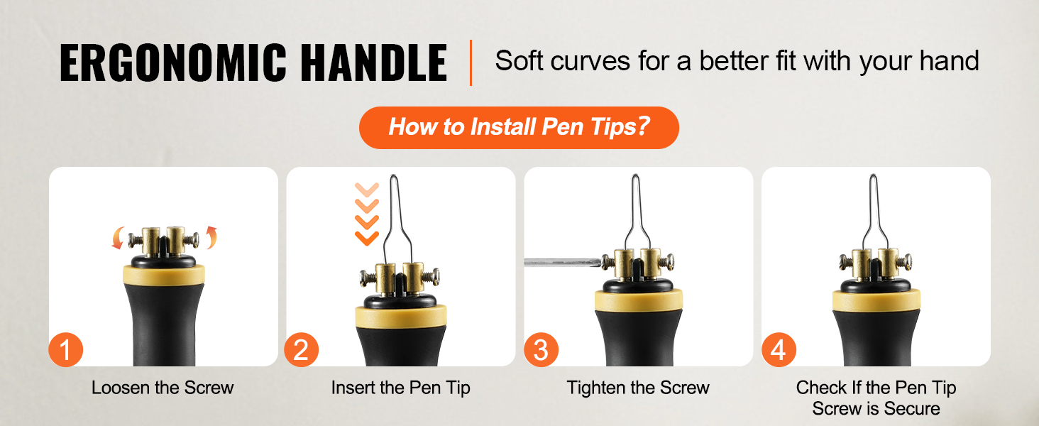 VEVOR wood burning kit ergonomic handle and pen tip installation steps for better hand fit.