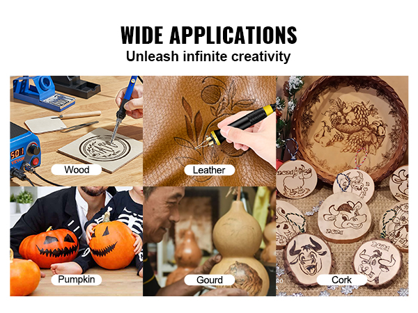 VEVOR wood burning kit used on wood, leather, pumpkin, gourd, and cork. wide applications.