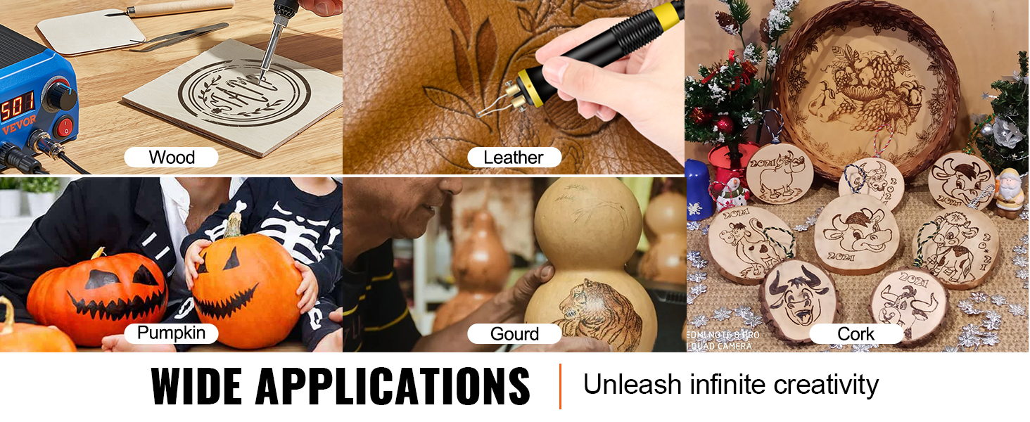 VEVOR wood burning kit used on wood, leather, pumpkin, gourd, and cork. wide applications.