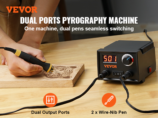 VEVOR wood burning kit dual ports pyrography machine with adjustable temperature and dual pens.