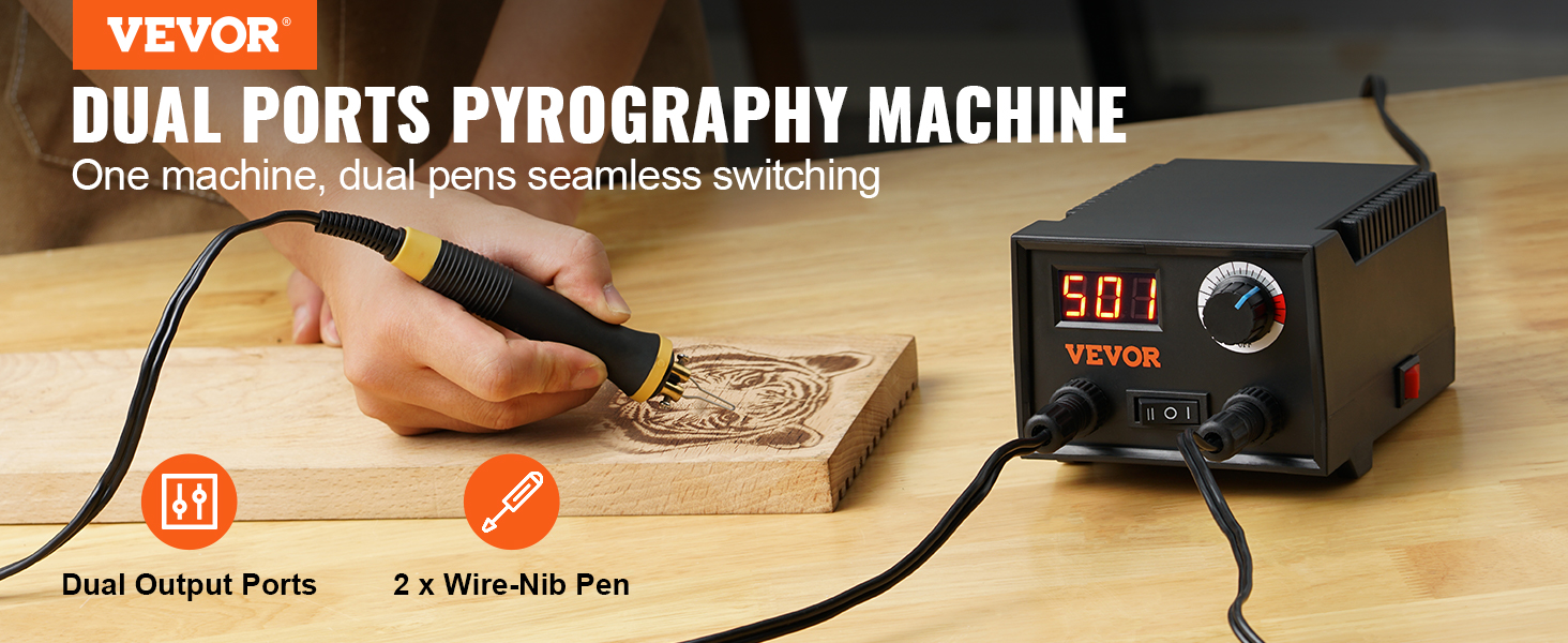 VEVOR wood burning kit dual ports pyrography machine with adjustable temperature and dual pens.