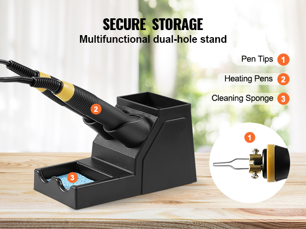 secure stand for VEVOR wood burning kit with pen tips, heating pens, and cleaning sponge storage.