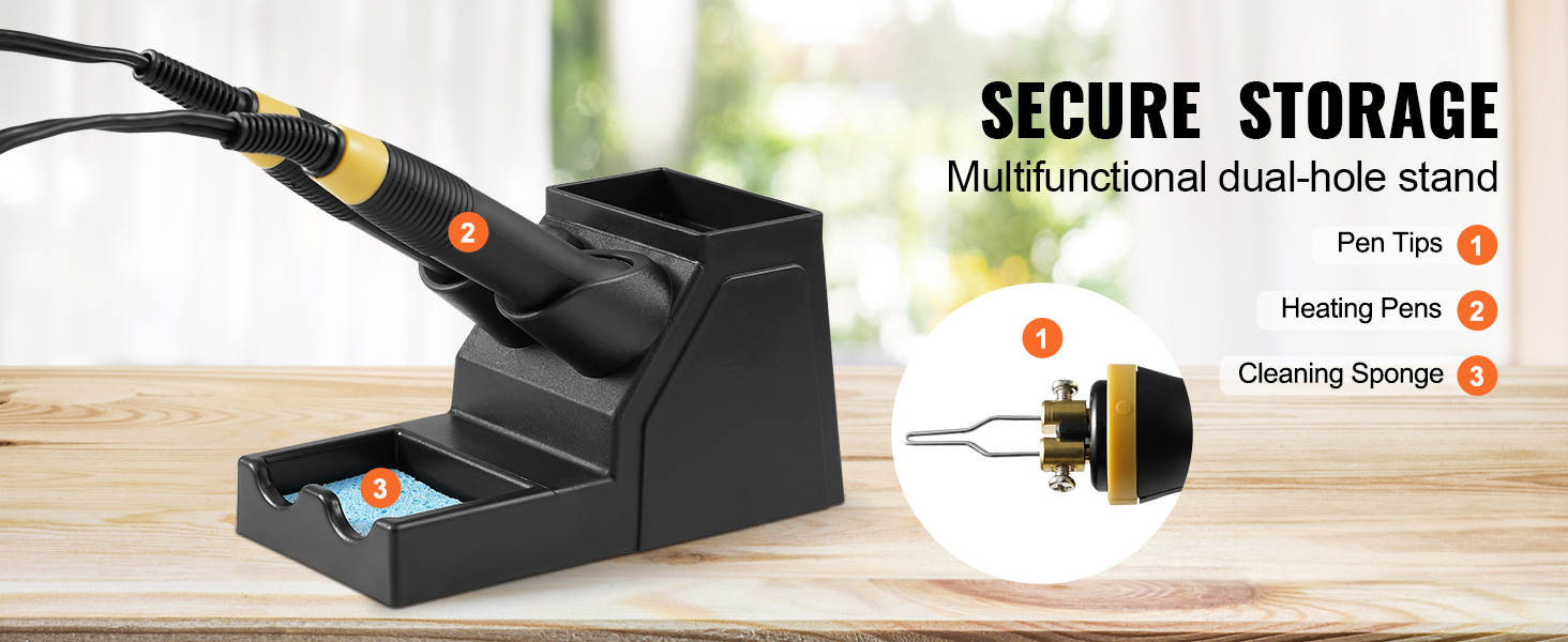secure stand for VEVOR wood burning kit with pen tips, heating pens, and cleaning sponge storage.