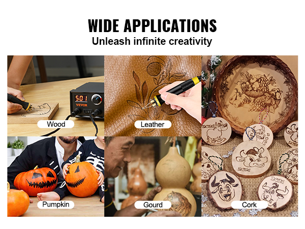 VEVOR wood burning kit demonstrates its versatility on wood, leather, pumpkin, gourd, and cork crafts.
