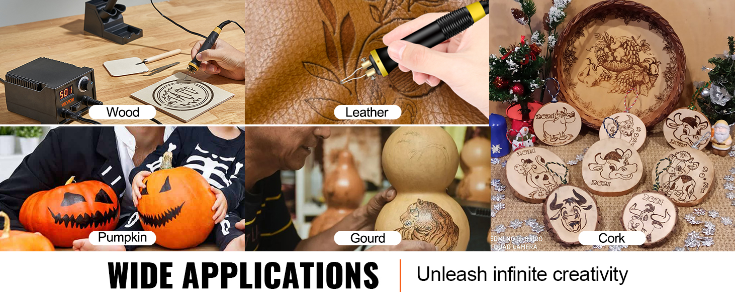 VEVOR wood burning kit demonstrates its versatility on wood, leather, pumpkin, gourd, and cork crafts.